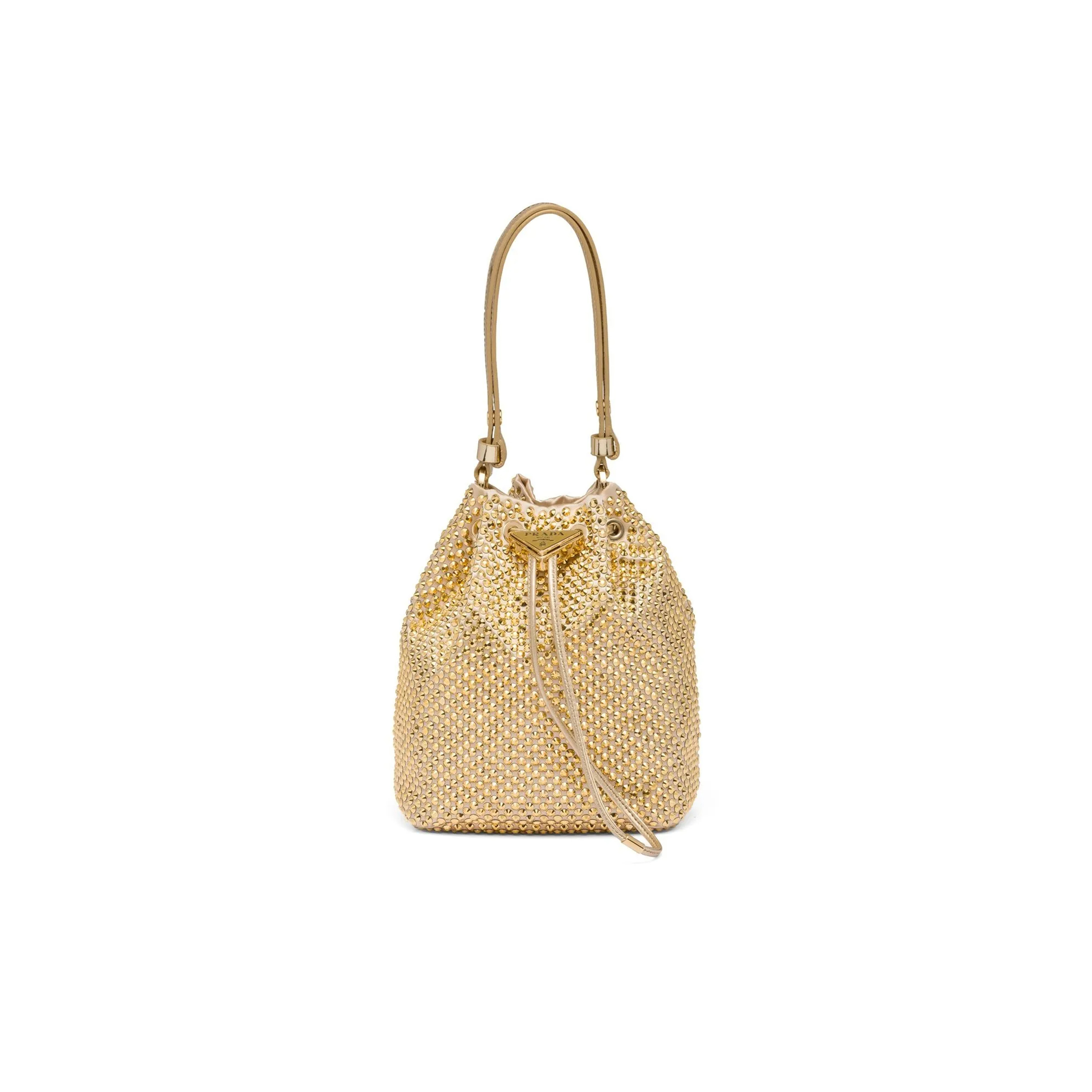 PRADA MINI CRYSTAL-EMBELLISHED SATIN BUCKET BAG IN GOLD 1BE067 (19.5*15.5*10cm)